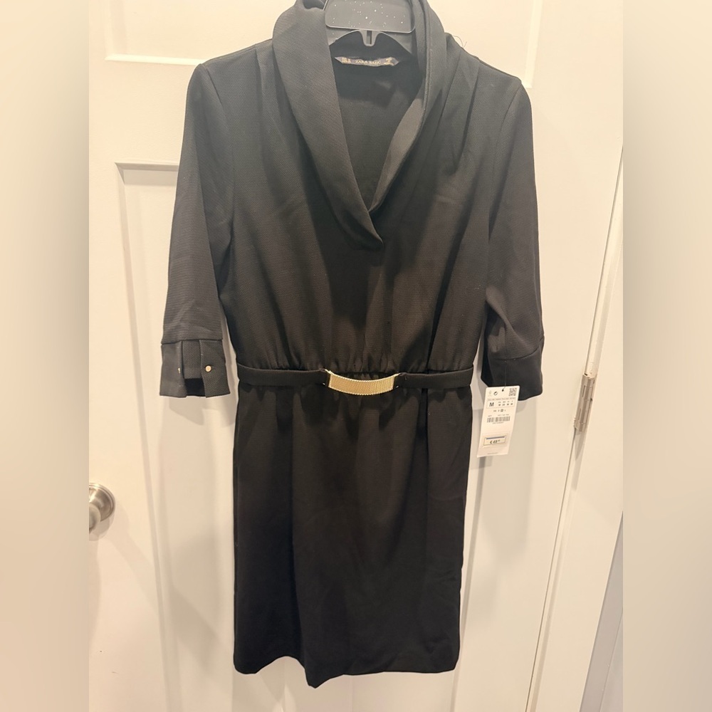 Zara Basic Black Belted Dress M NWT Shawl Collar 3/4 Sleeve Work LBD